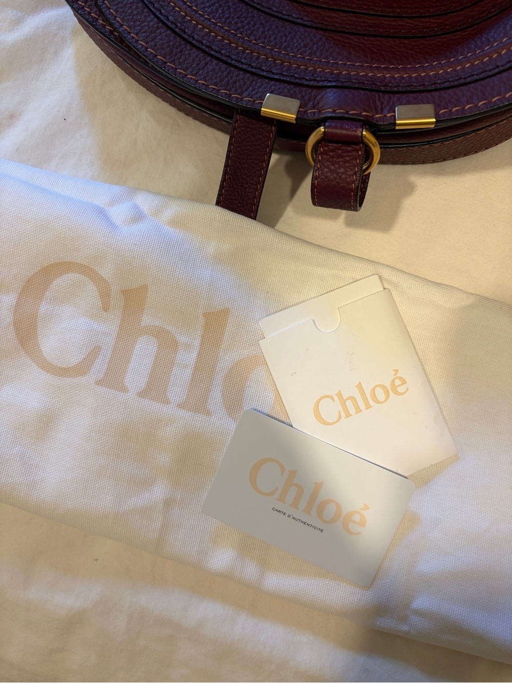 Chloe Marcie Medium Burgundy Grained Leather Saddle Bag Crossbody - Picture 12 of 12